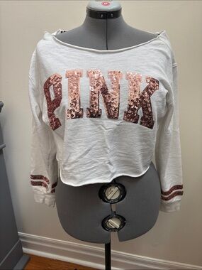 PINK Victoria's Secret White Cropped Sweatshirt with Rose Gold Sequin Logo